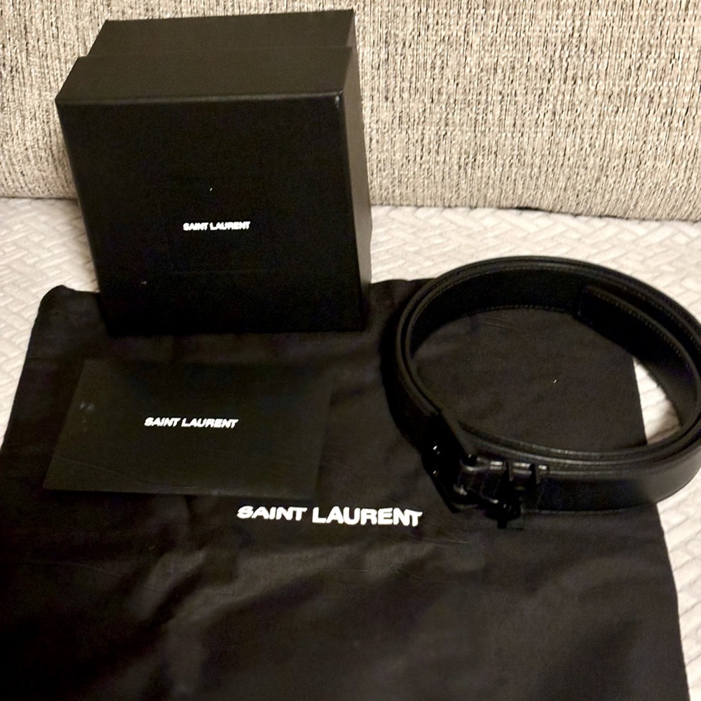 Authentic💗NWT!Saint Laurent Men’s Cassandre Belt-Noir-Smooth Leather